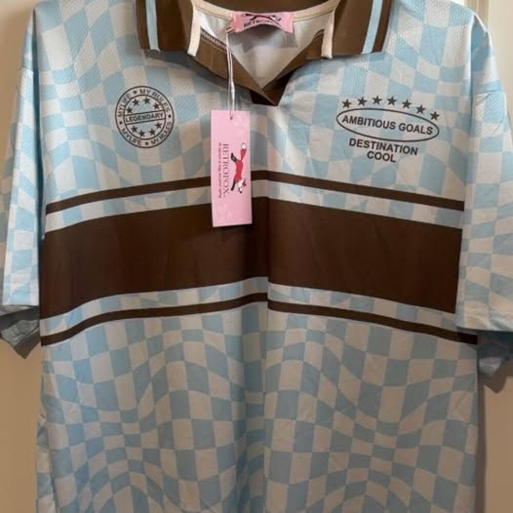Retro Fox  Light Blue Brown Checkered Polo Shirt NWT sz XL